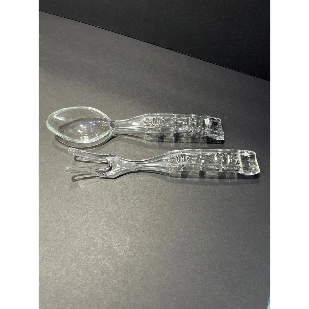 Vintage Clear Pressed Glass Salad Serving Set Fork and Spoon Textured Handles